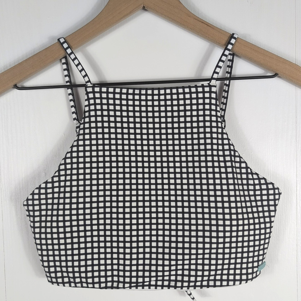 Roxy Bikini Swim Top Women M Black White Checkered Grid Strappy Padded Surf